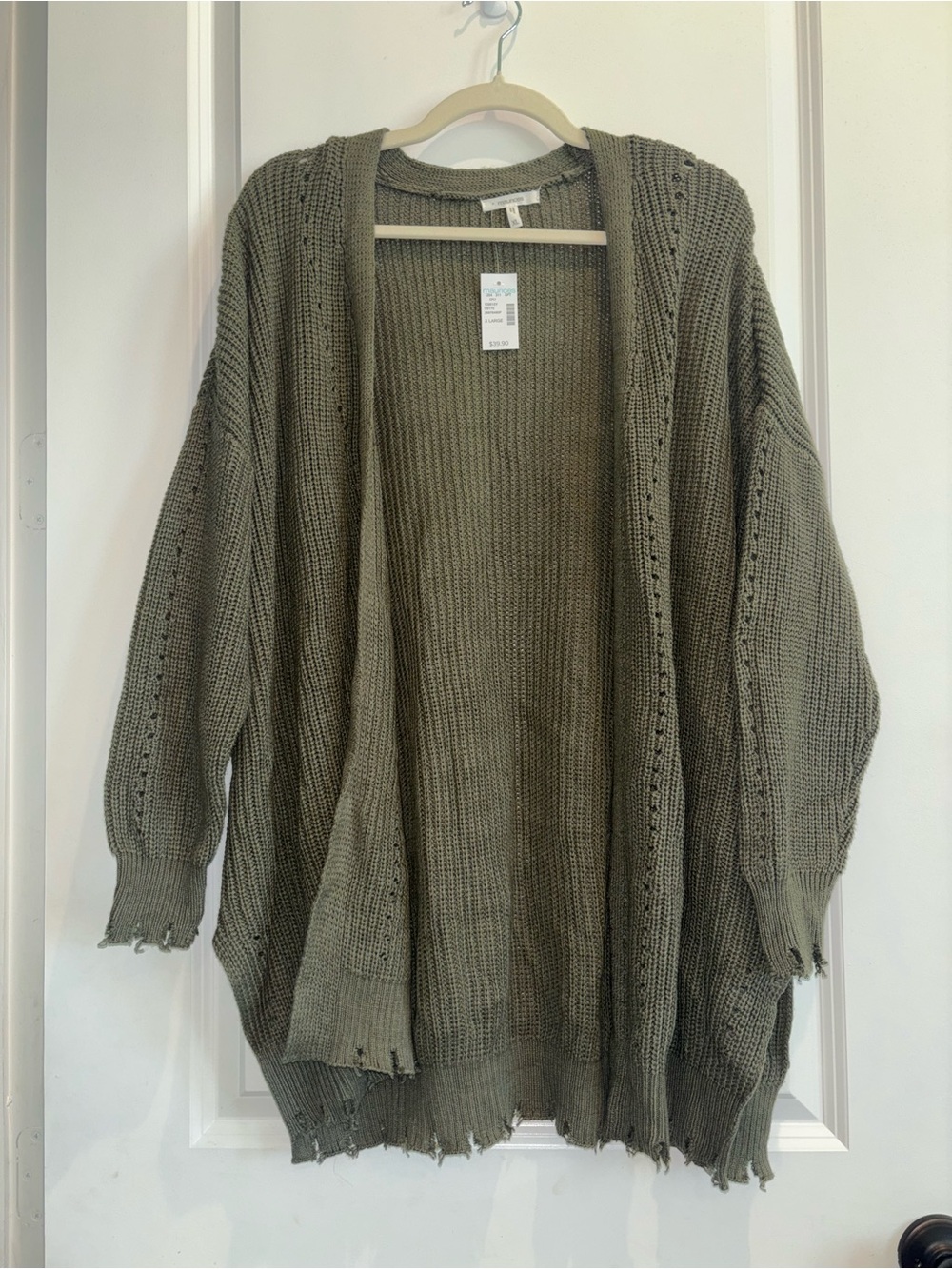 Maurices XL Olive Green Distressed Open Front Chunky Knit Cardigan NWT